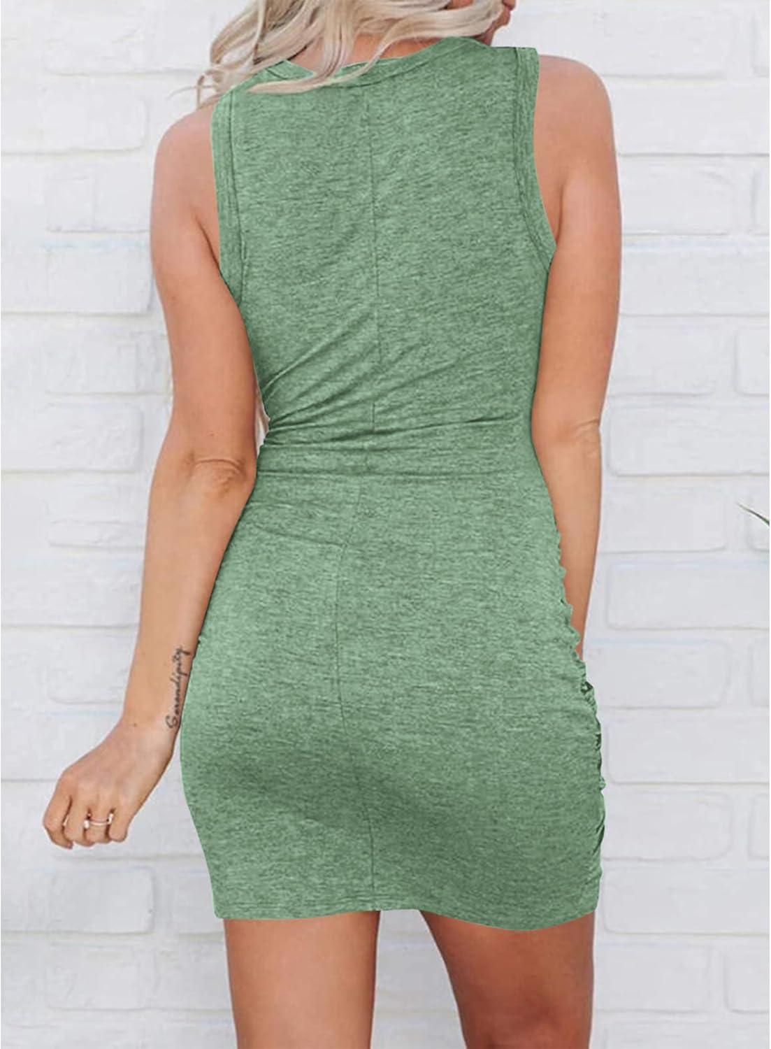 imageBTFBM Women 2026 Summer Dresses Sleeveless Casual Crewneck Bodycon Cutout Twist Slim Wrap Club Party Beach Mini DressBean Green
