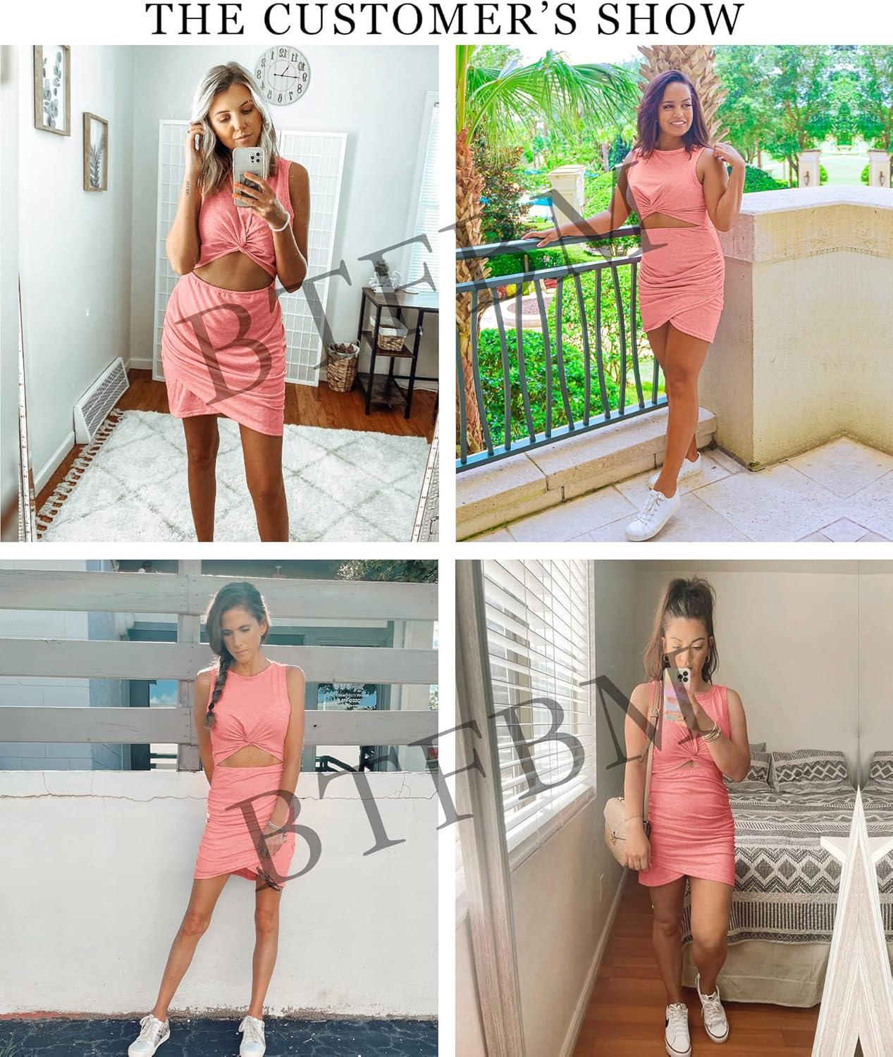 imageBTFBM Women 2026 Summer Dresses Sleeveless Casual Crewneck Bodycon Cutout Twist Slim Wrap Club Party Beach Mini DressPink