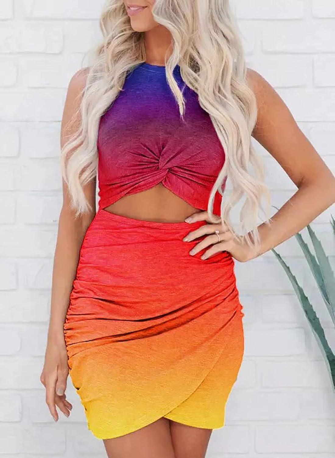 imageBTFBM Women 2026 Summer Dresses Sleeveless Casual Crewneck Bodycon Cutout Twist Slim Wrap Club Party Beach Mini DressTie Dye Purple Yellow