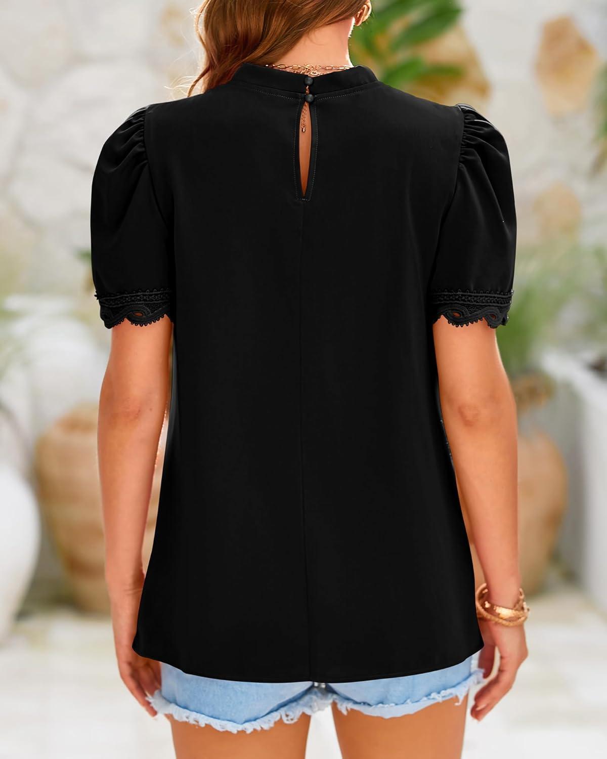 imageBTFBM Women Blouses 2026 Dressy Casual Summer Tops Mock Neck Lace Trim Short Sleeve Business Work Shirts Spring ClothesBlack