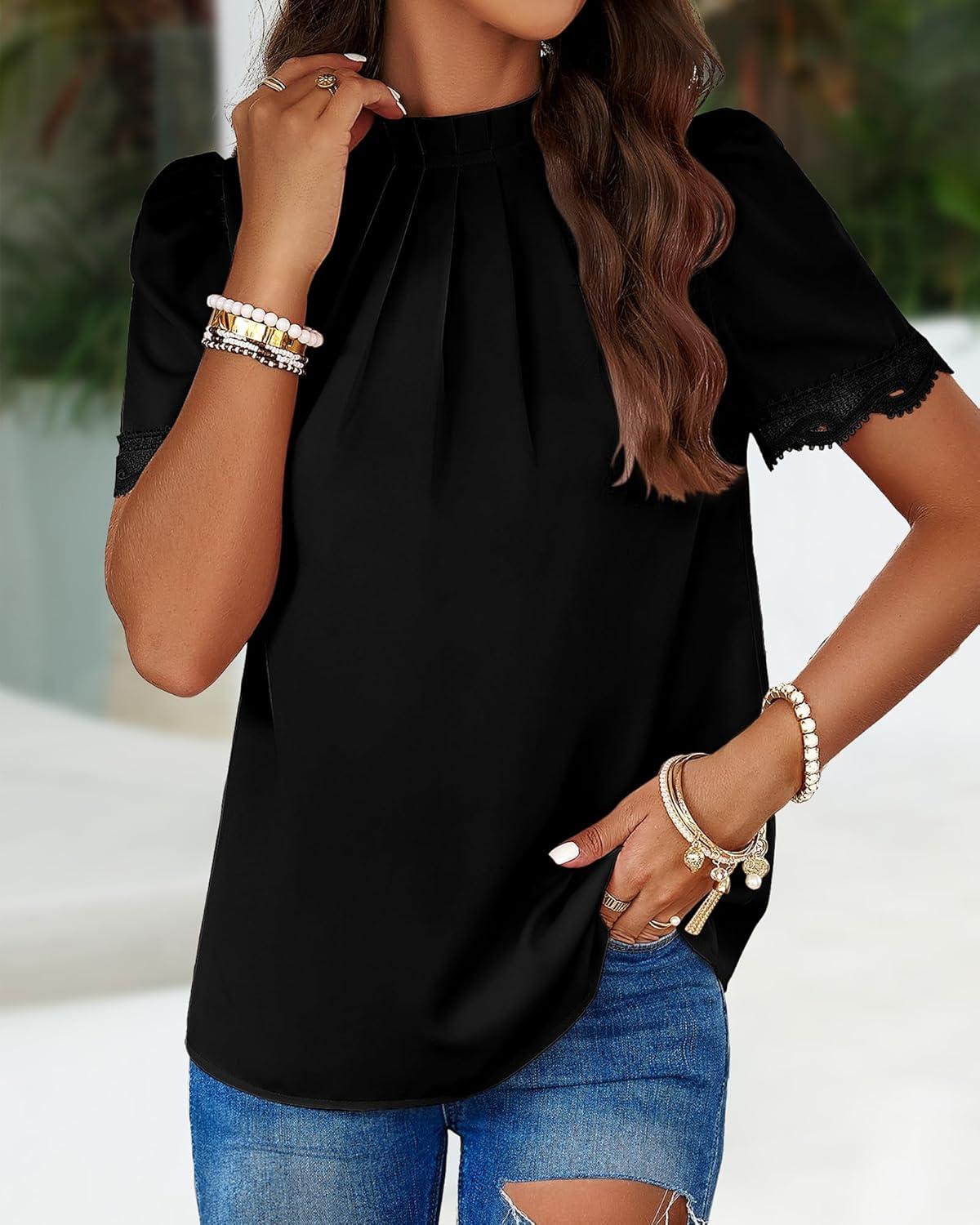 imageBTFBM Women Blouses 2026 Dressy Casual Summer Tops Mock Neck Lace Trim Short Sleeve Business Work Shirts Spring ClothesBlack