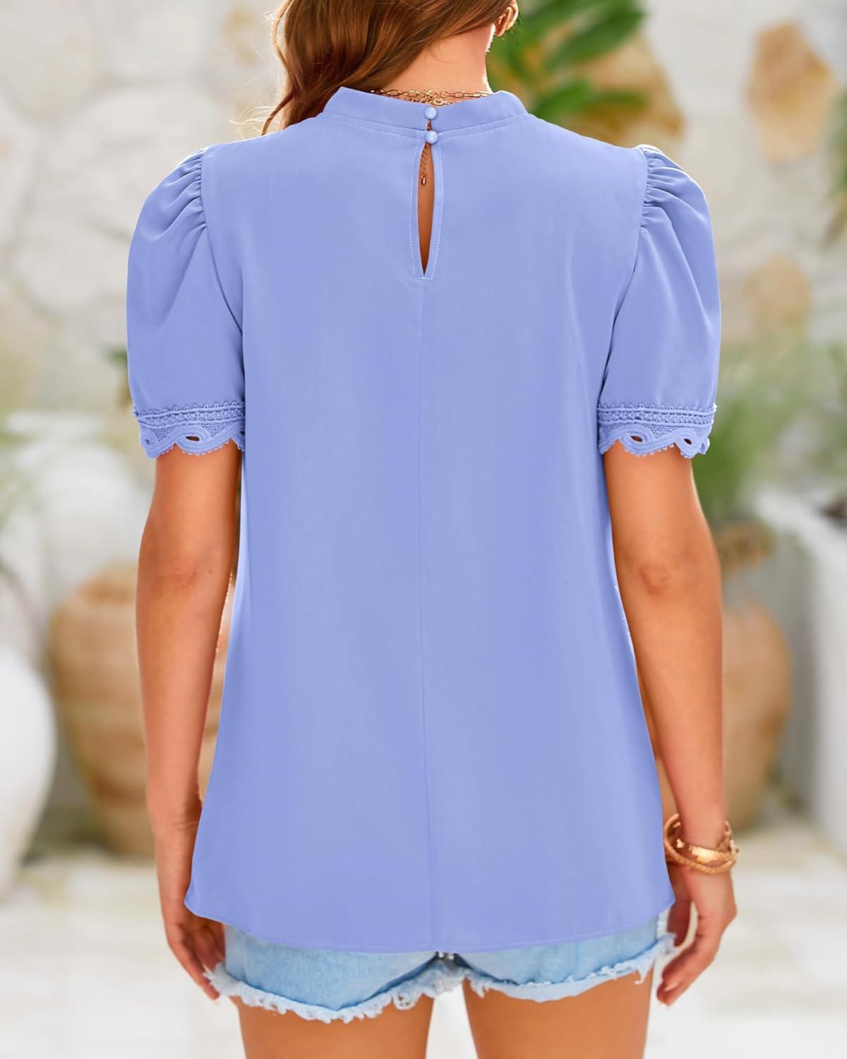 imageBTFBM Women Blouses 2026 Dressy Casual Summer Tops Mock Neck Lace Trim Short Sleeve Business Work Shirts Spring ClothesBlue