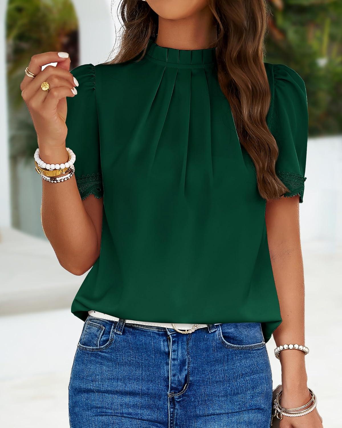 imageBTFBM Women Blouses 2026 Dressy Casual Summer Tops Mock Neck Lace Trim Short Sleeve Business Work Shirts Spring ClothesDark Green