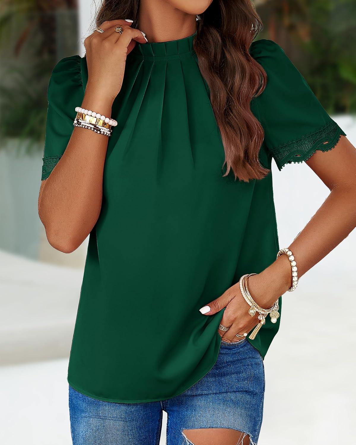 imageBTFBM Women Blouses 2026 Dressy Casual Summer Tops Mock Neck Lace Trim Short Sleeve Business Work Shirts Spring ClothesDark Green