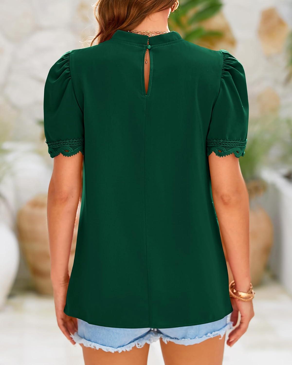 imageBTFBM Women Blouses 2026 Dressy Casual Summer Tops Mock Neck Lace Trim Short Sleeve Business Work Shirts Spring ClothesDark Green