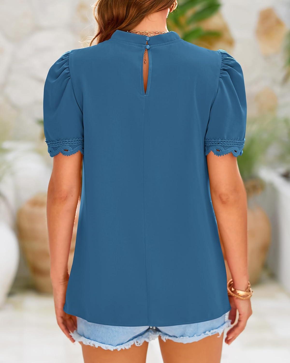 imageBTFBM Women Blouses 2026 Dressy Casual Summer Tops Mock Neck Lace Trim Short Sleeve Business Work Shirts Spring ClothesLake Blue