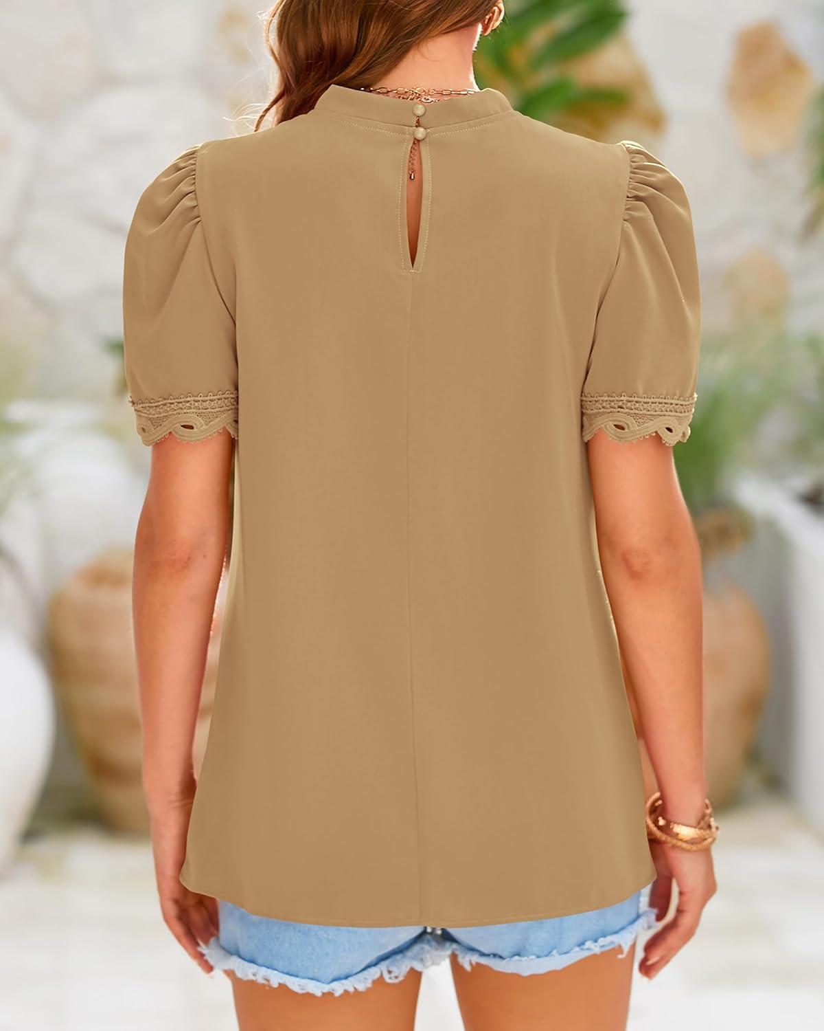 imageBTFBM Women Blouses 2026 Dressy Casual Summer Tops Mock Neck Lace Trim Short Sleeve Business Work Shirts Spring ClothesLight Khaki