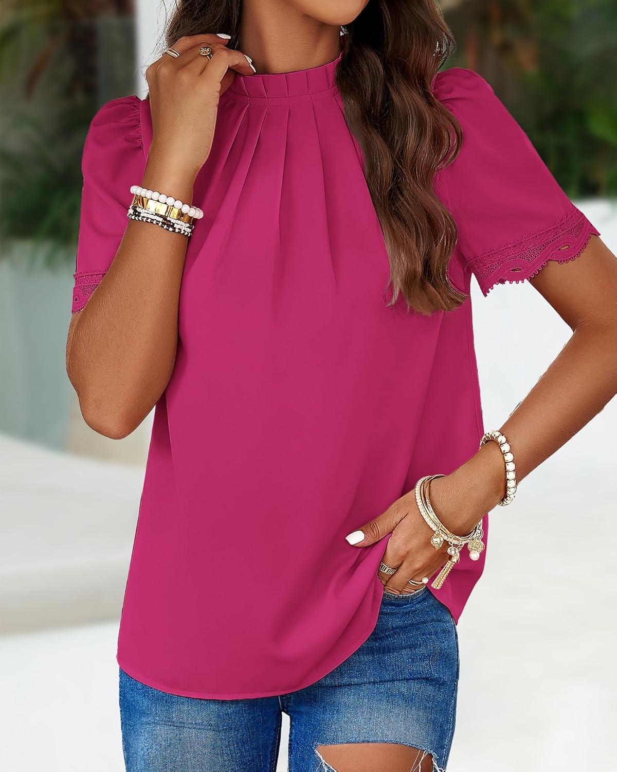 imageBTFBM Women Blouses 2026 Dressy Casual Summer Tops Mock Neck Lace Trim Short Sleeve Business Work Shirts Spring ClothesRose Red