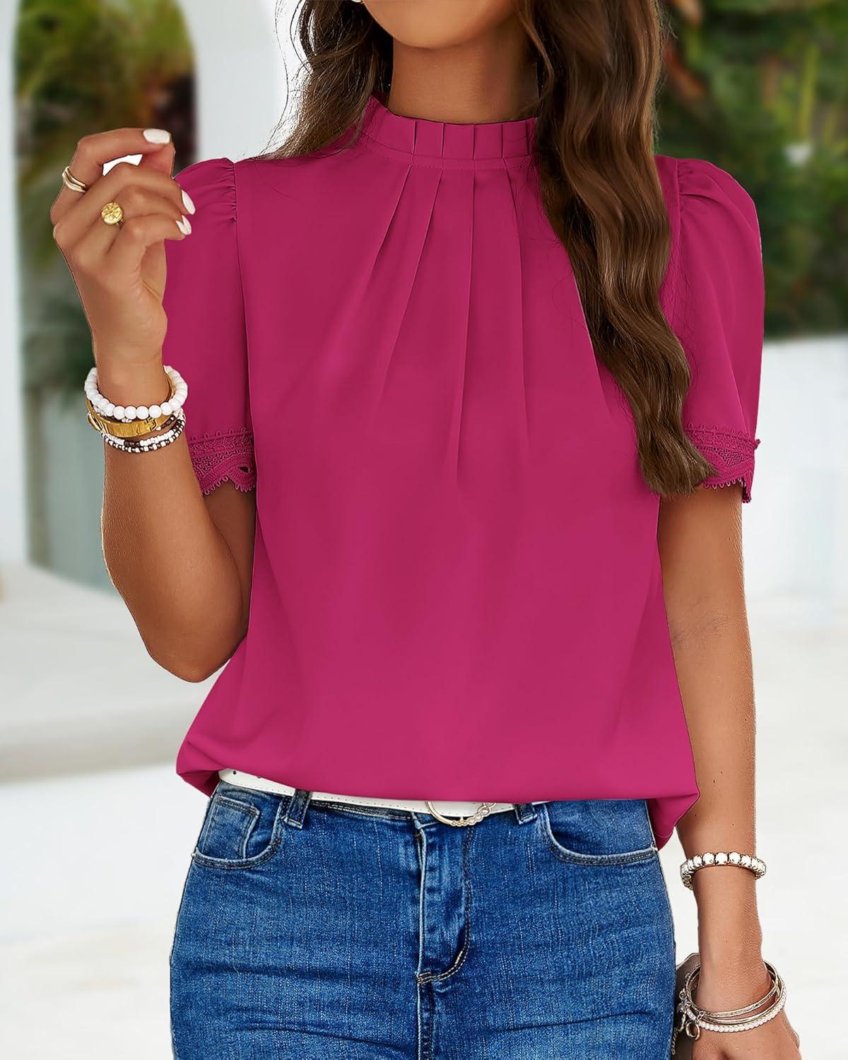 imageBTFBM Women Blouses 2026 Dressy Casual Summer Tops Mock Neck Lace Trim Short Sleeve Business Work Shirts Spring ClothesRose Red