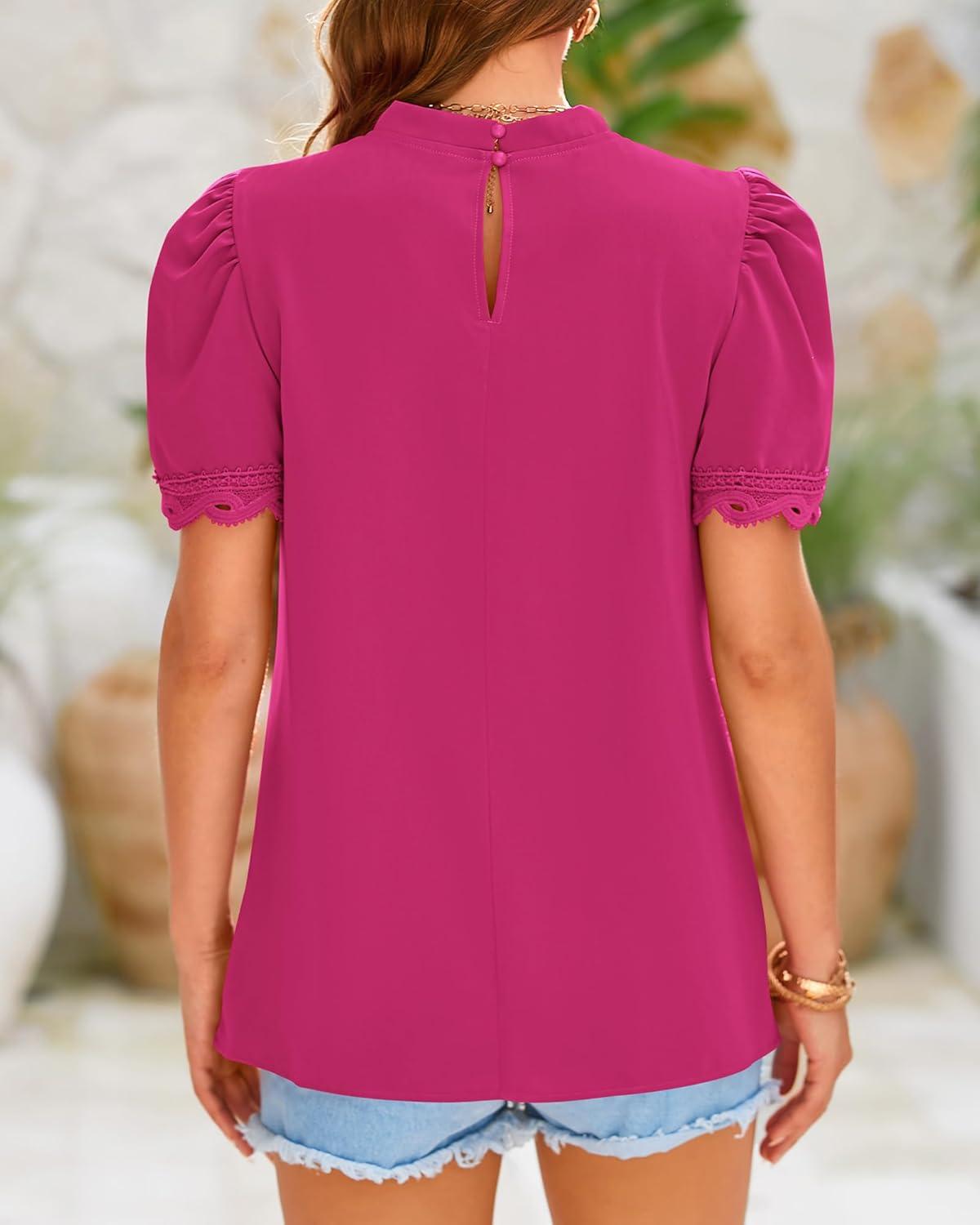 imageBTFBM Women Blouses 2026 Dressy Casual Summer Tops Mock Neck Lace Trim Short Sleeve Business Work Shirts Spring ClothesRose Red