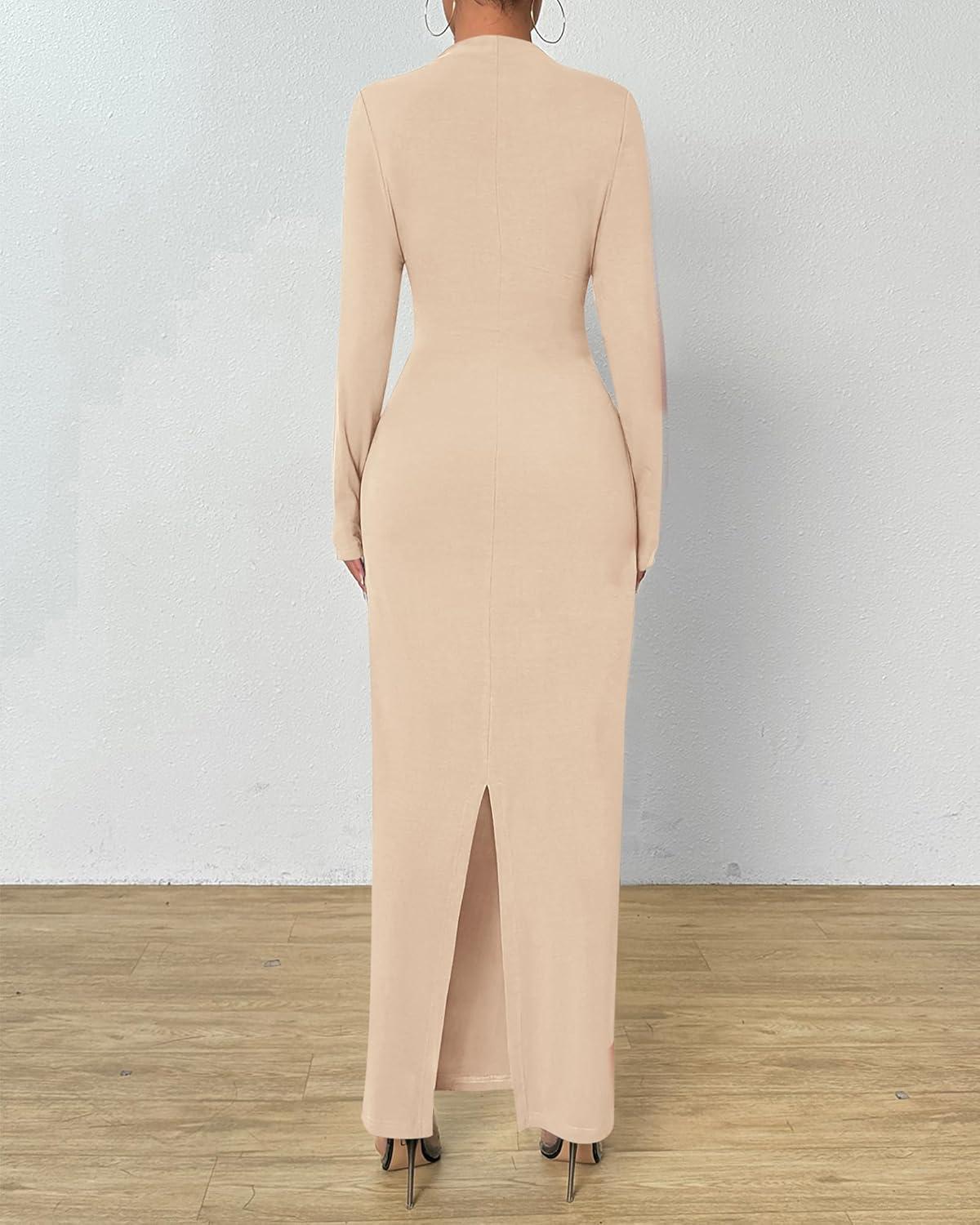 imageBTFBM Women Bodycon Maxi Dress Long Sleeve Back Slit Ruched Elegant Party Cocktail Formal Fall Wedding Guest DressesBeige