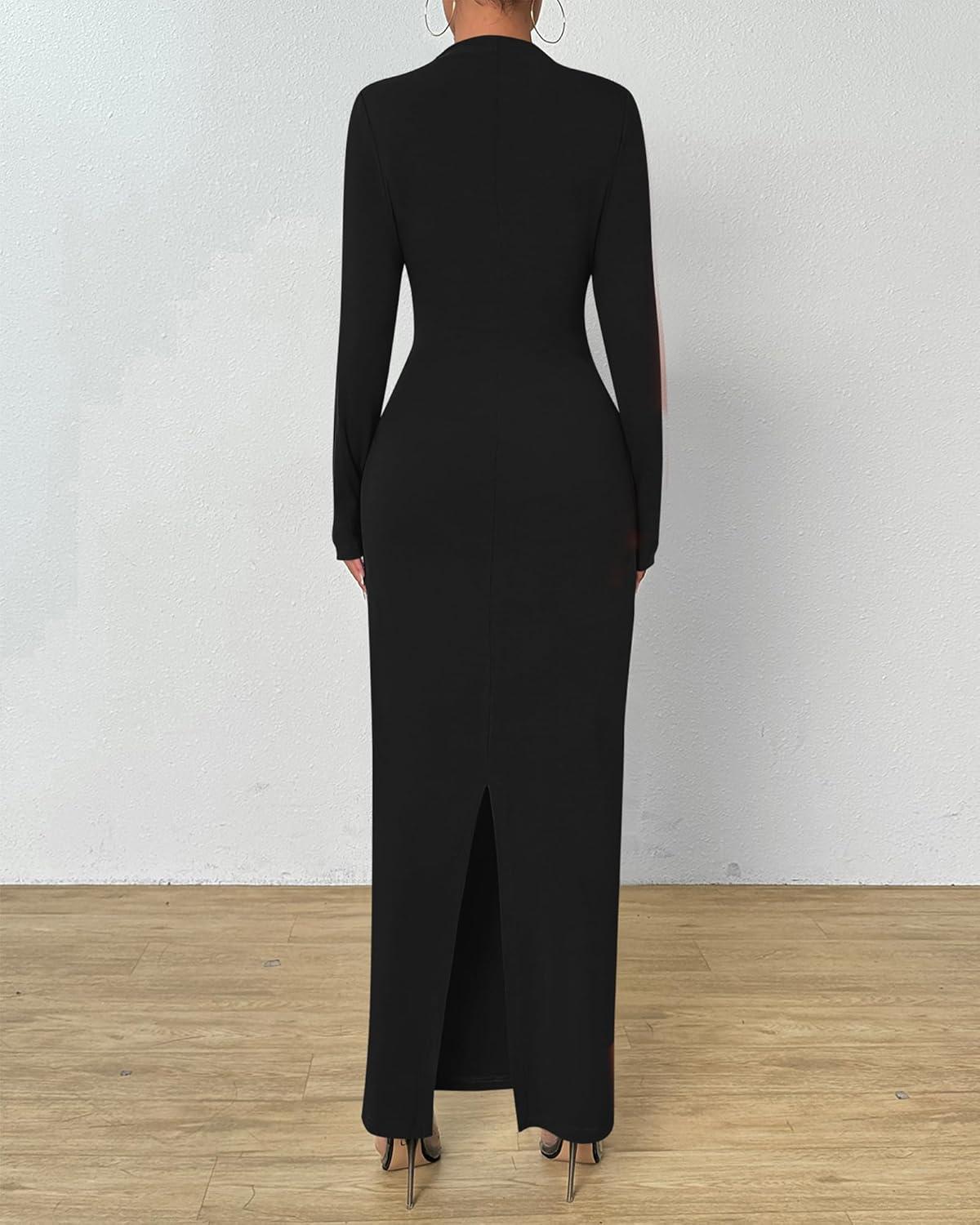imageBTFBM Women Bodycon Maxi Dress Long Sleeve Back Slit Ruched Elegant Party Cocktail Formal Fall Wedding Guest DressesBlack