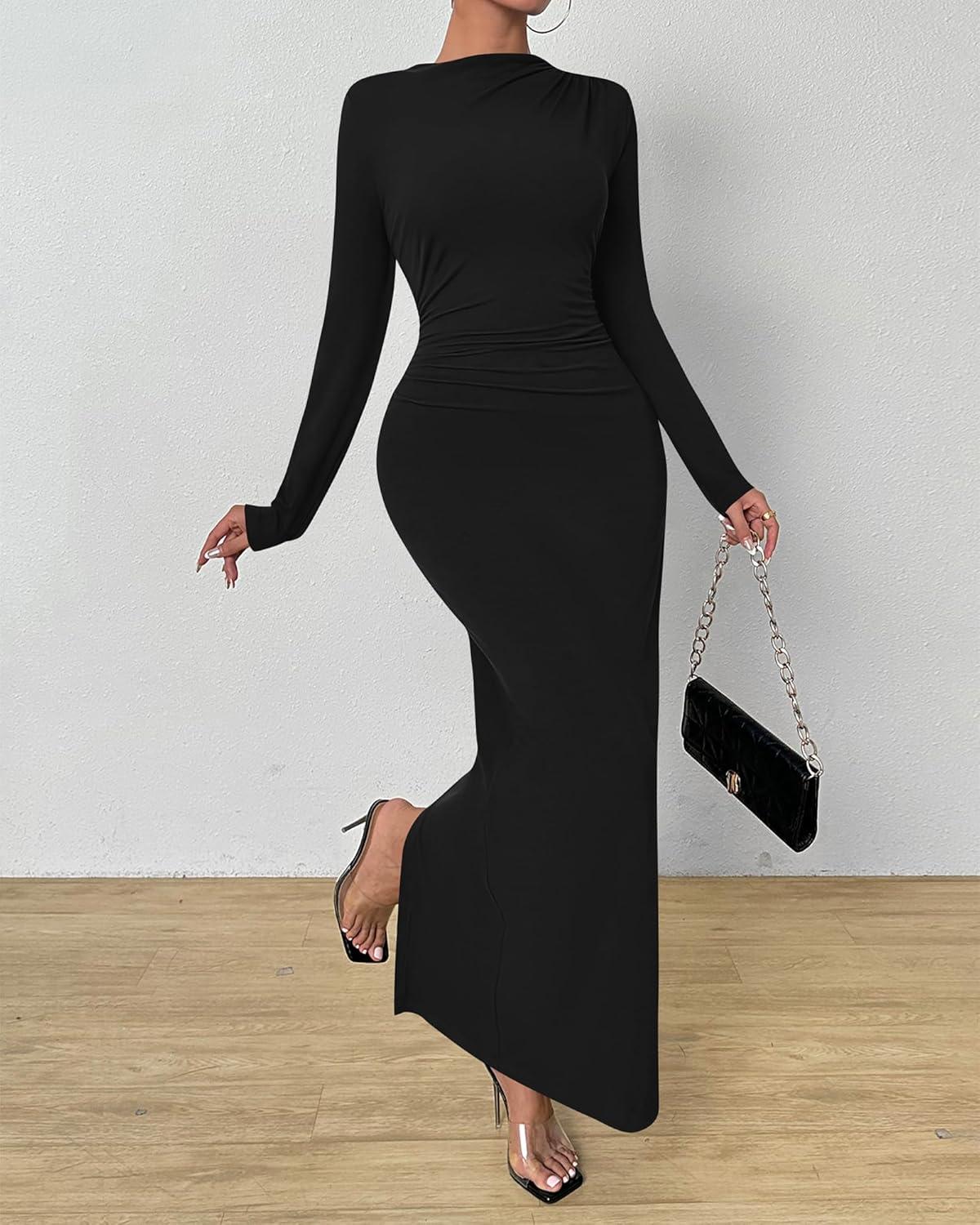 imageBTFBM Women Bodycon Maxi Dress Long Sleeve Back Slit Ruched Elegant Party Cocktail Formal Fall Wedding Guest DressesBlack