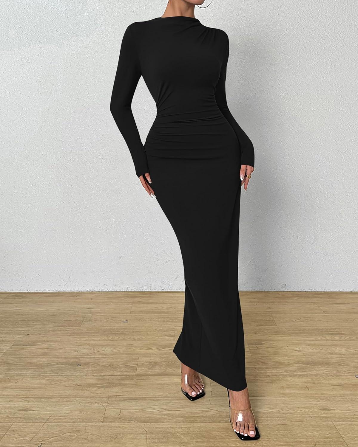imageBTFBM Women Bodycon Maxi Dress Long Sleeve Back Slit Ruched Elegant Party Cocktail Formal Fall Wedding Guest DressesBlack