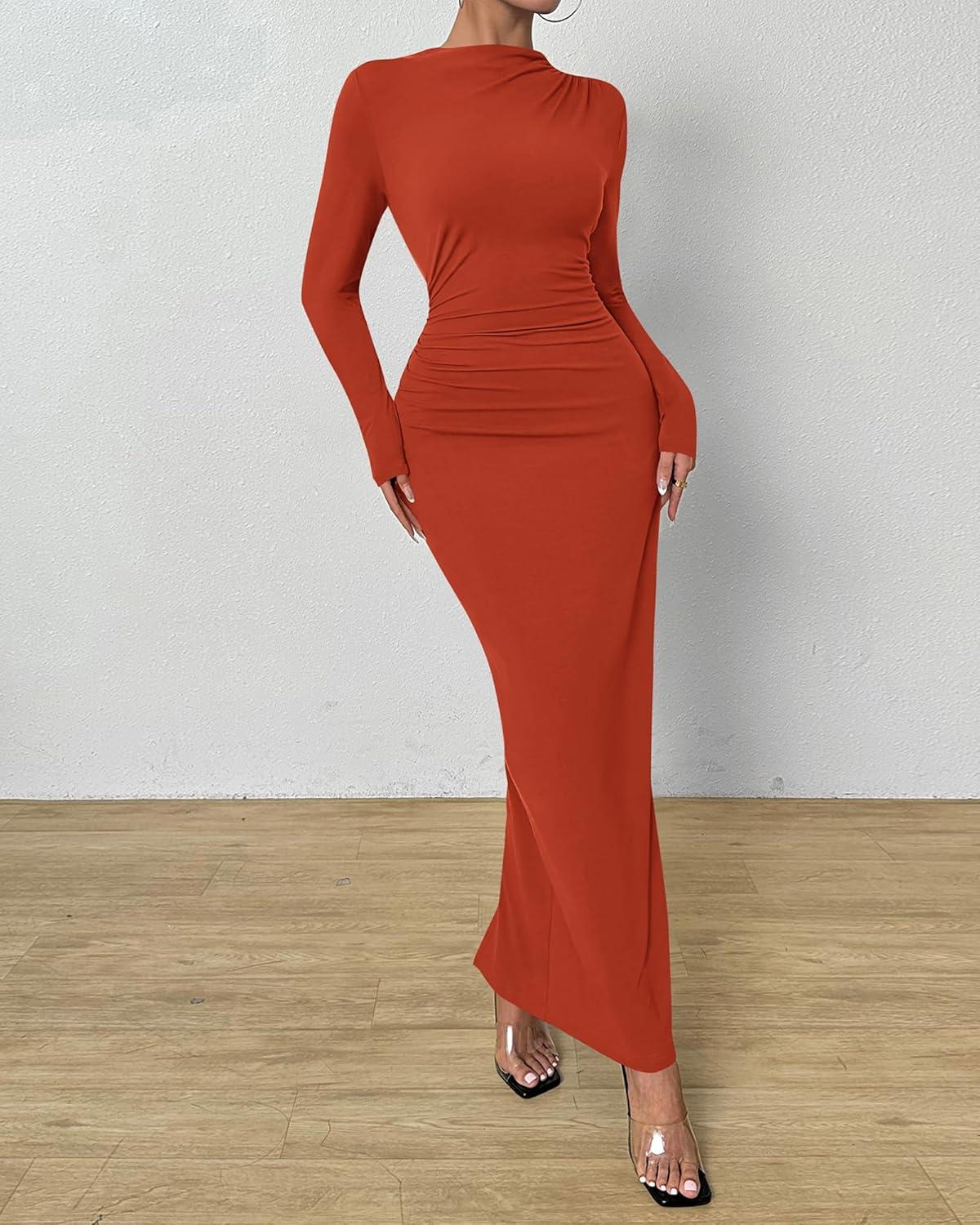 imageBTFBM Women Bodycon Maxi Dress Long Sleeve Back Slit Ruched Elegant Party Cocktail Formal Fall Wedding Guest DressesBrick Red
