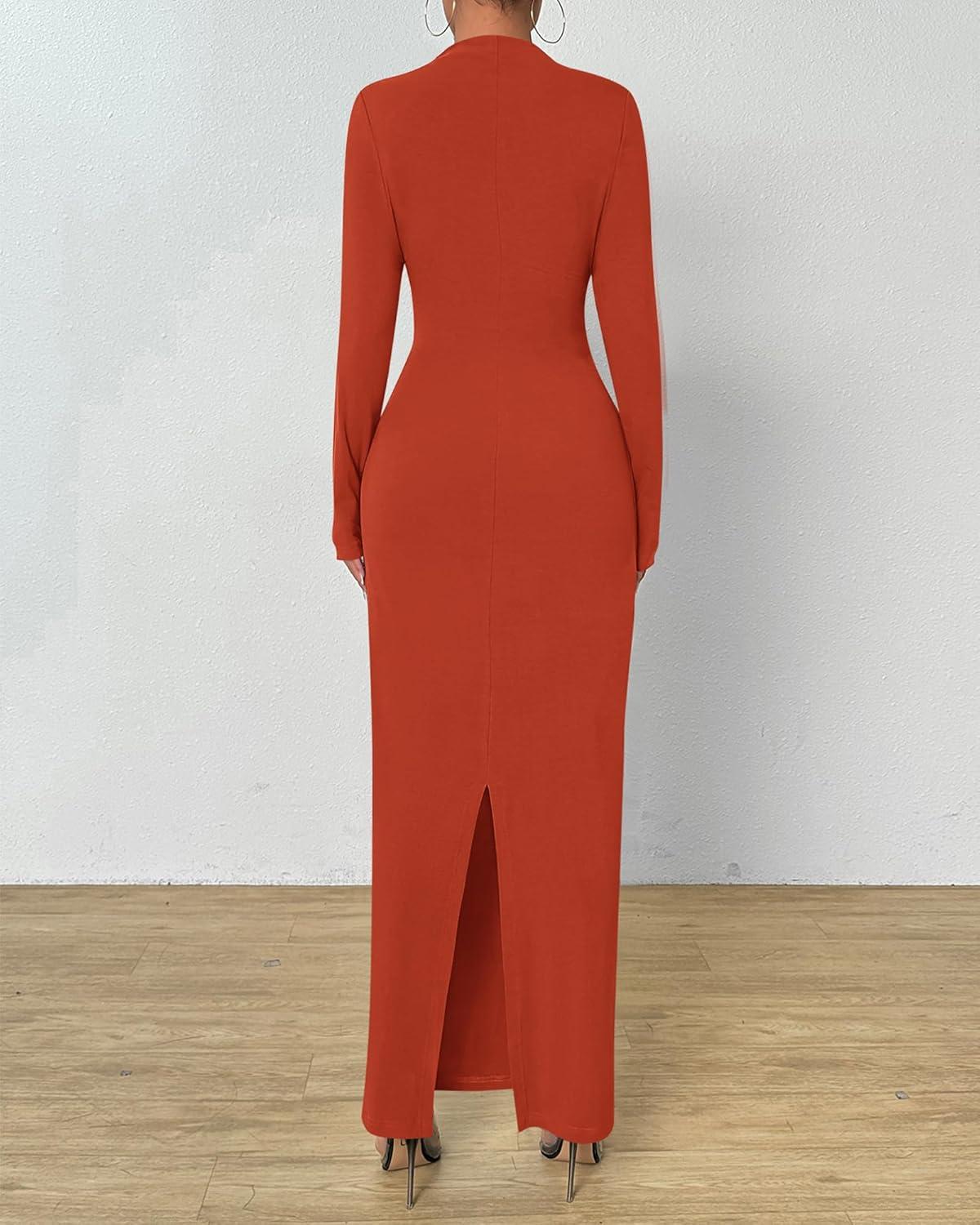 imageBTFBM Women Bodycon Maxi Dress Long Sleeve Back Slit Ruched Elegant Party Cocktail Formal Fall Wedding Guest DressesBrick Red