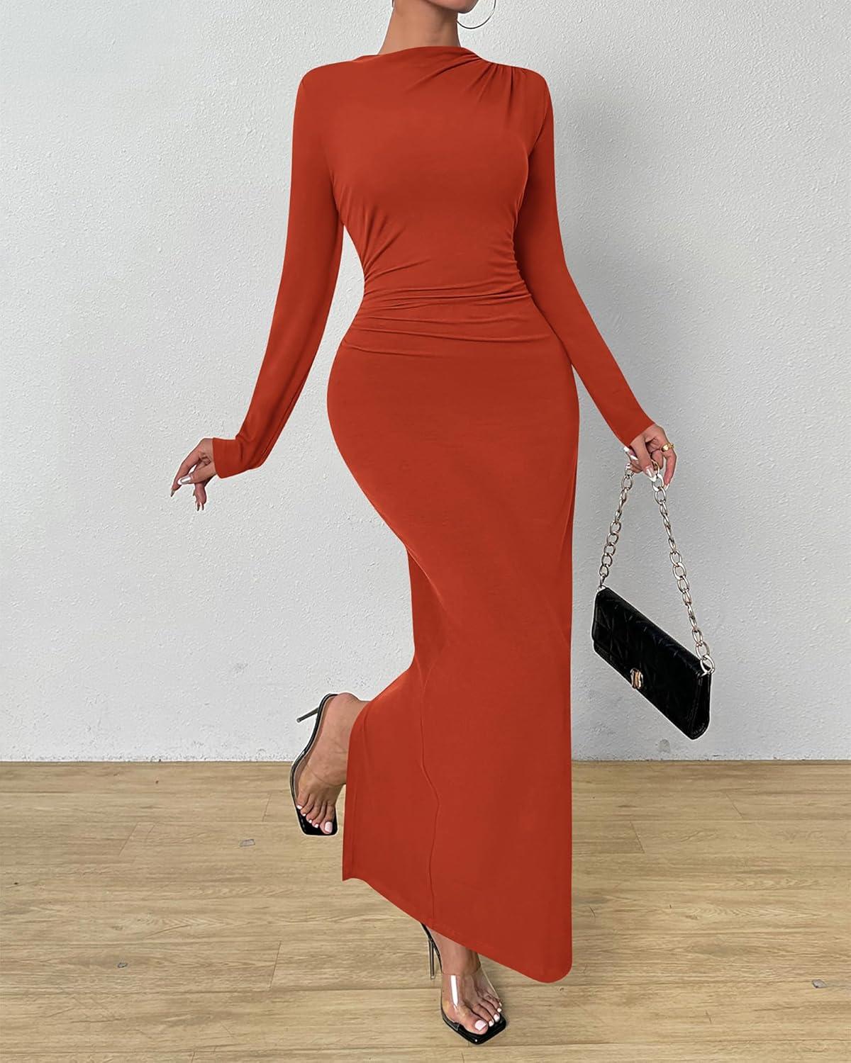 imageBTFBM Women Bodycon Maxi Dress Long Sleeve Back Slit Ruched Elegant Party Cocktail Formal Fall Wedding Guest DressesBrick Red