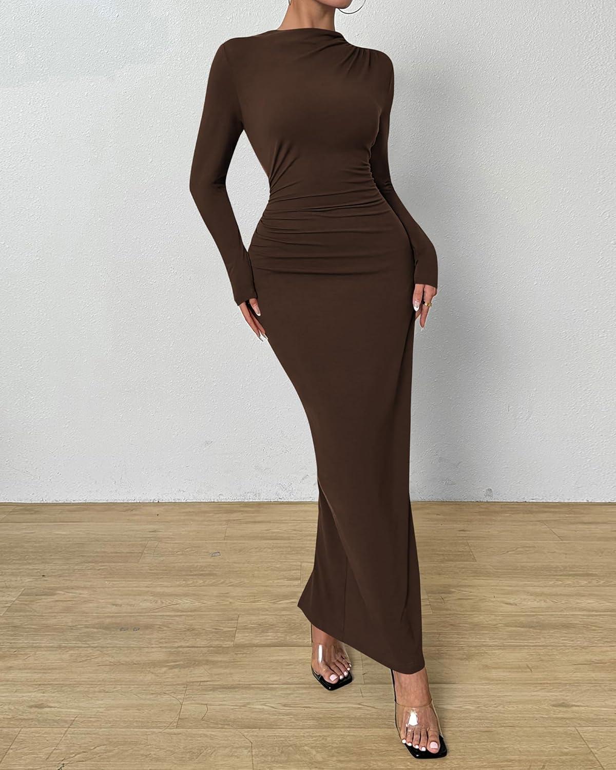 imageBTFBM Women Bodycon Maxi Dress Long Sleeve Back Slit Ruched Elegant Party Cocktail Formal Fall Wedding Guest DressesBrown