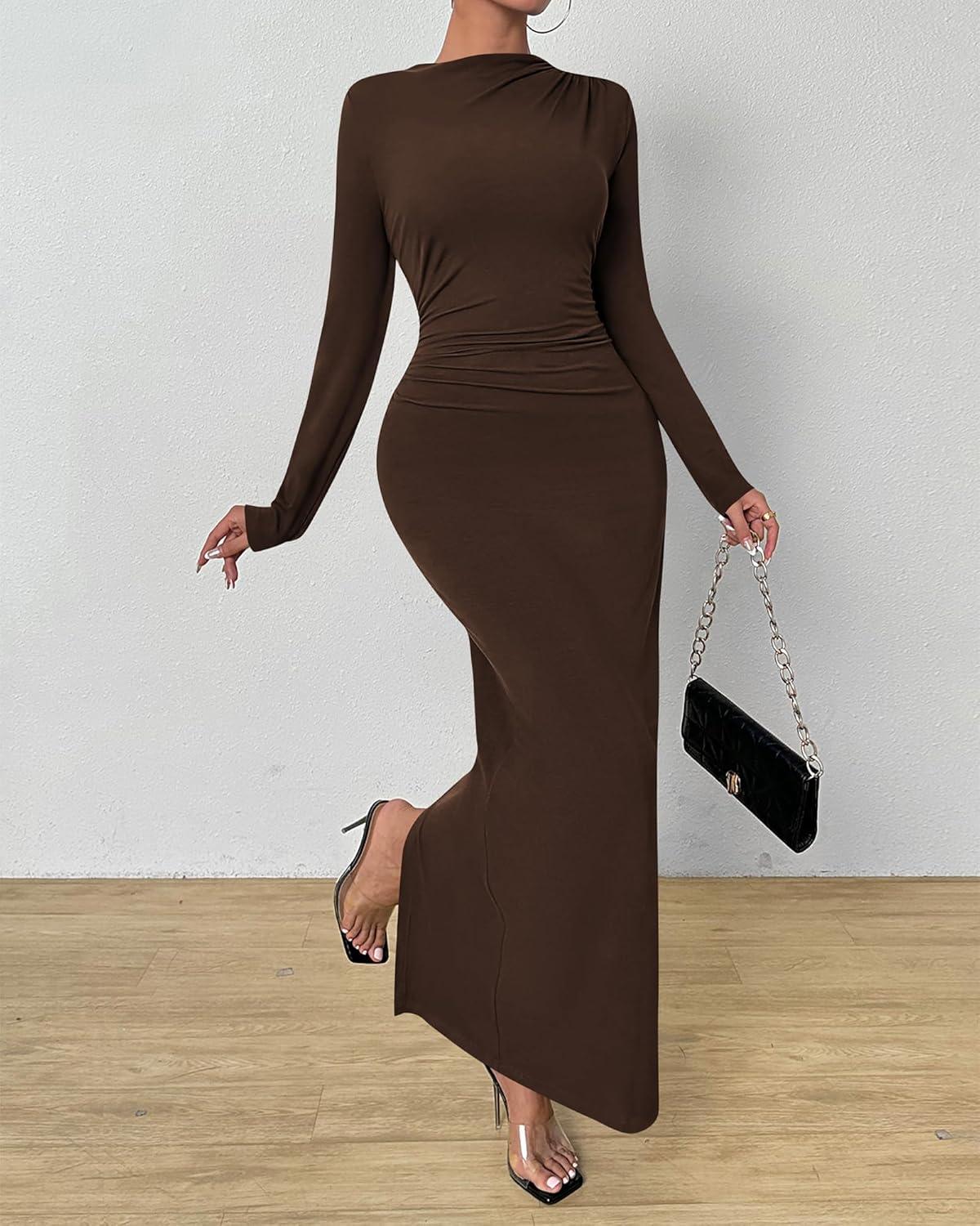 imageBTFBM Women Bodycon Maxi Dress Long Sleeve Back Slit Ruched Elegant Party Cocktail Formal Fall Wedding Guest DressesBrown
