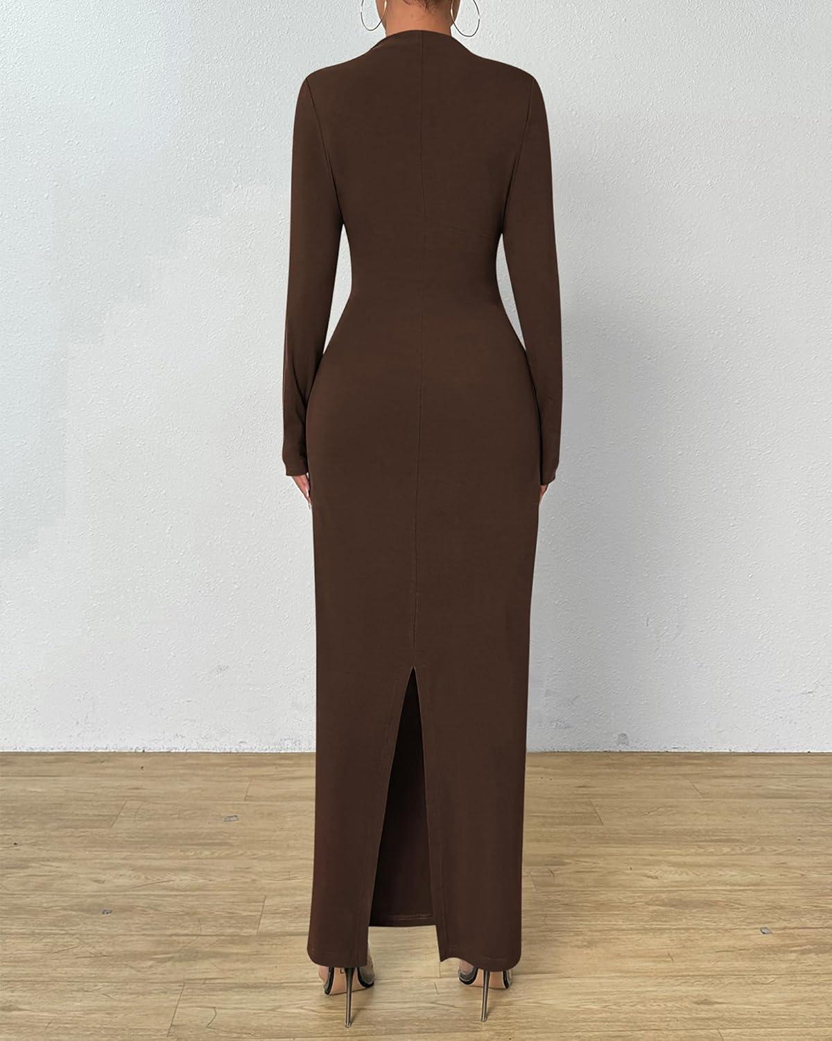 imageBTFBM Women Bodycon Maxi Dress Long Sleeve Back Slit Ruched Elegant Party Cocktail Formal Fall Wedding Guest DressesBrown