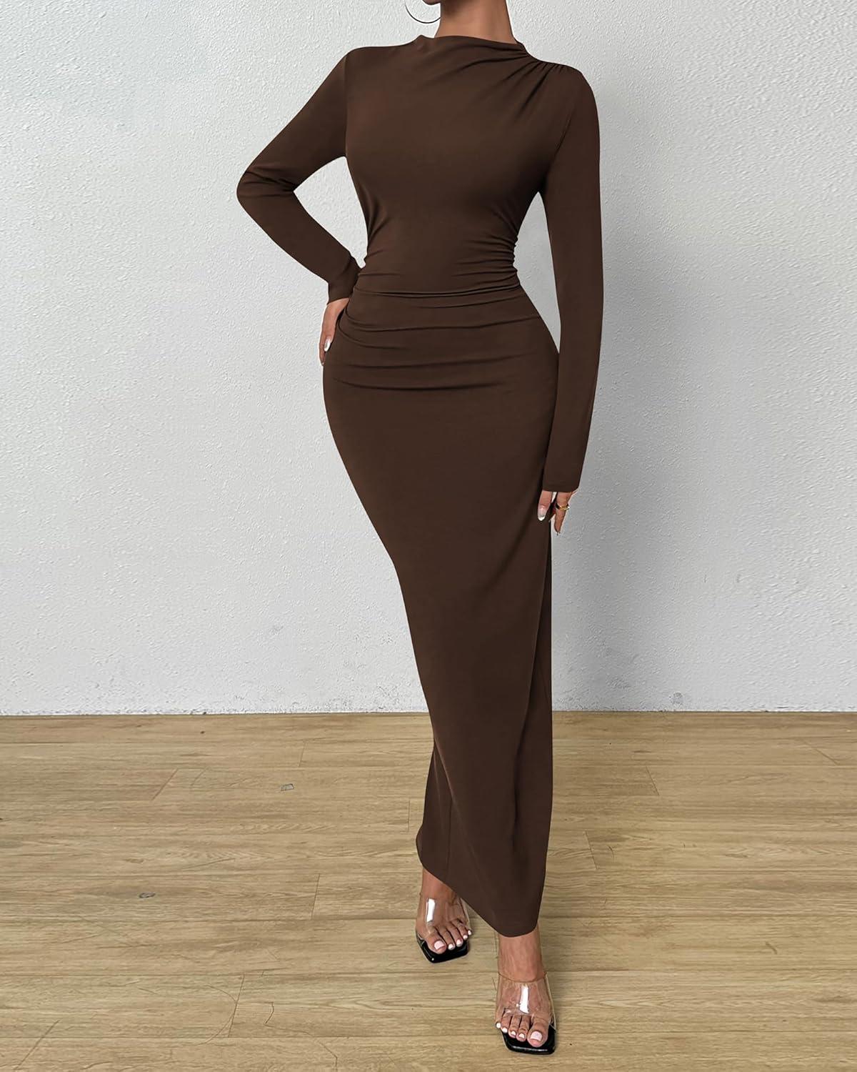 imageBTFBM Women Bodycon Maxi Dress Long Sleeve Back Slit Ruched Elegant Party Cocktail Formal Fall Wedding Guest DressesBrown