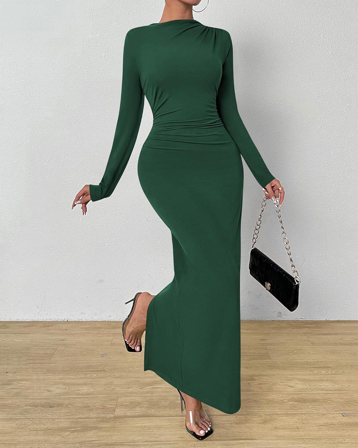imageBTFBM Women Bodycon Maxi Dress Long Sleeve Back Slit Ruched Elegant Party Cocktail Formal Fall Wedding Guest DressesDark Green
