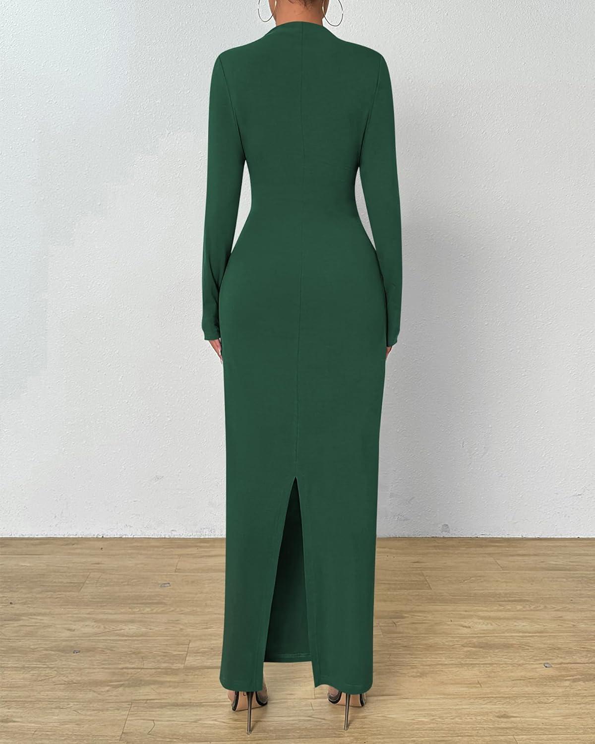 imageBTFBM Women Bodycon Maxi Dress Long Sleeve Back Slit Ruched Elegant Party Cocktail Formal Fall Wedding Guest DressesDark Green