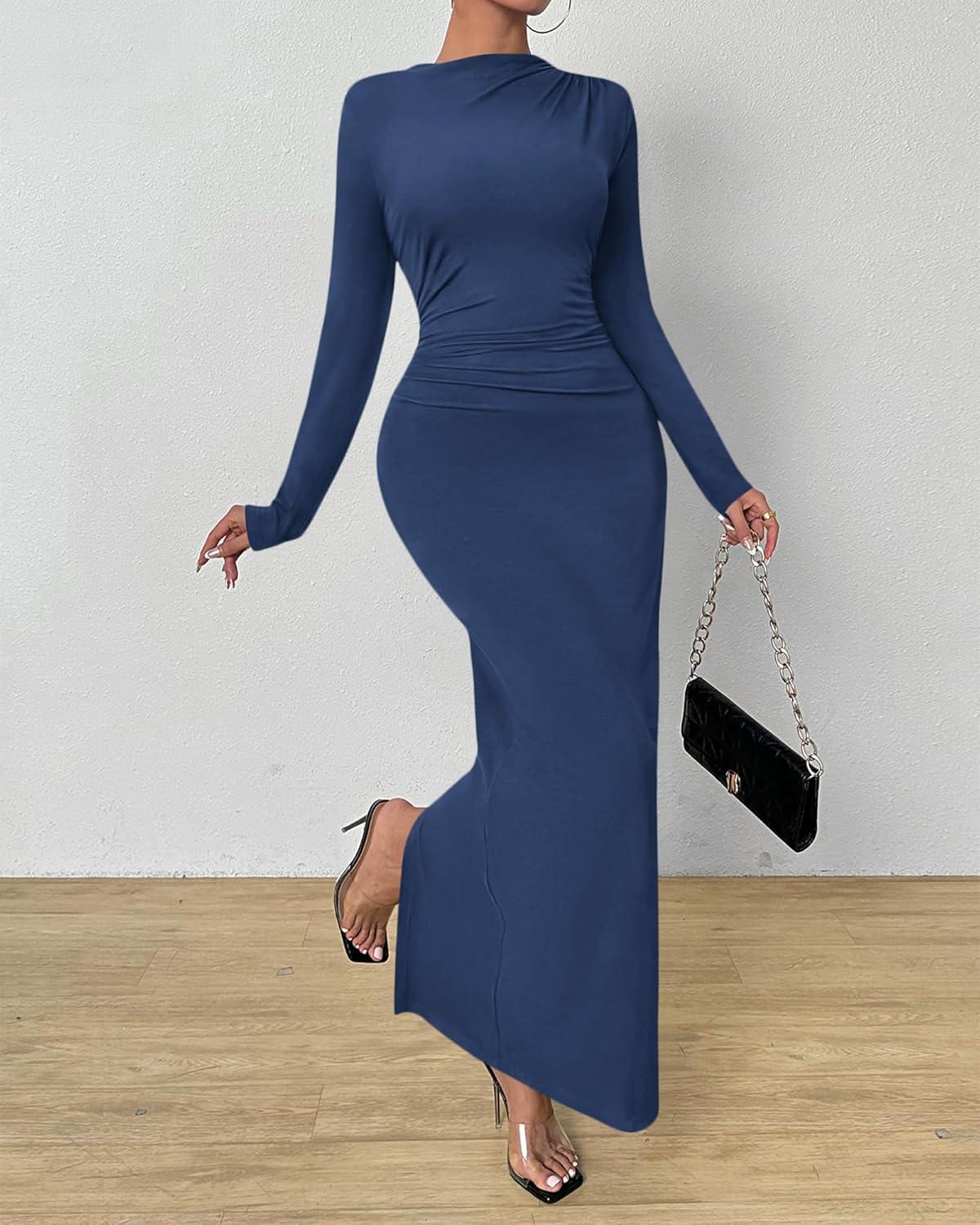 imageBTFBM Women Bodycon Maxi Dress Long Sleeve Back Slit Ruched Elegant Party Cocktail Formal Fall Wedding Guest DressesDark Grey Blue