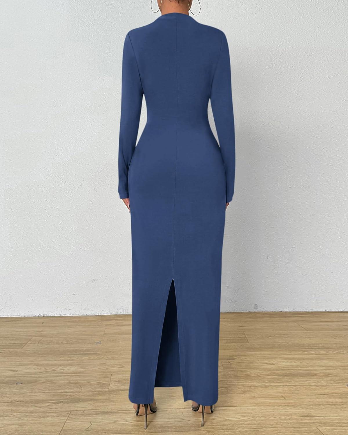 imageBTFBM Women Bodycon Maxi Dress Long Sleeve Back Slit Ruched Elegant Party Cocktail Formal Fall Wedding Guest DressesDark Grey Blue