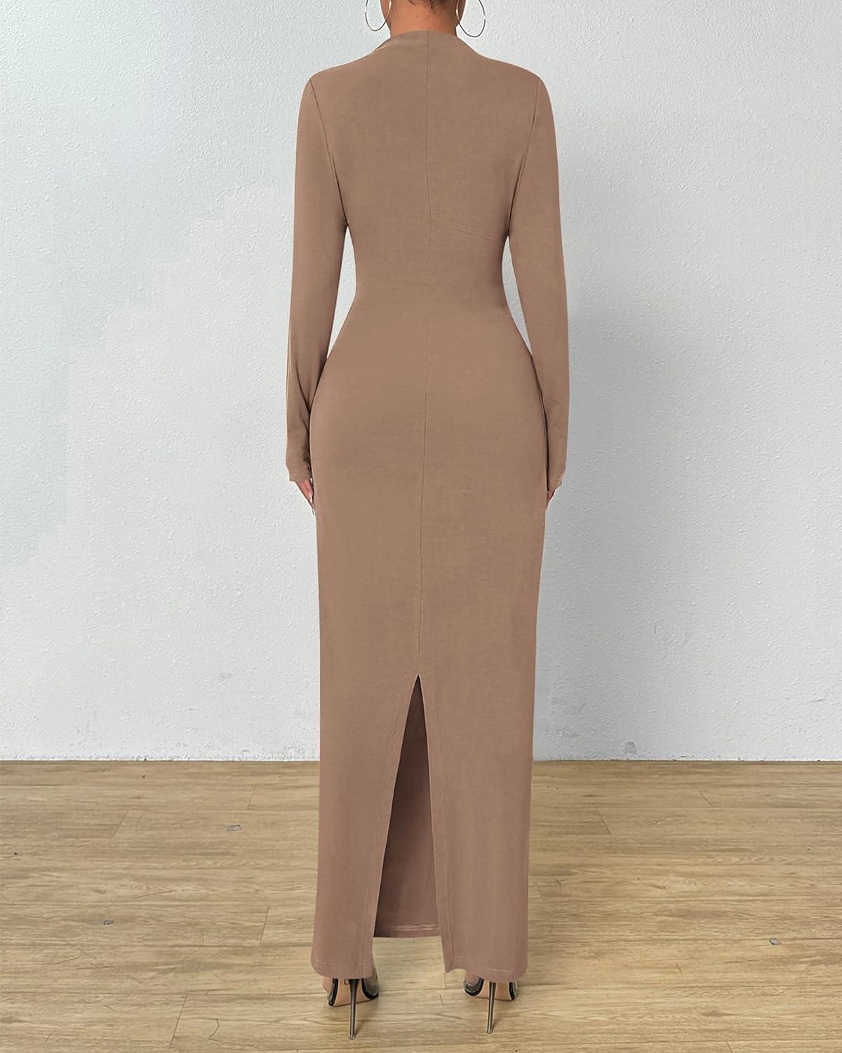 imageBTFBM Women Bodycon Maxi Dress Long Sleeve Back Slit Ruched Elegant Party Cocktail Formal Fall Wedding Guest DressesKhaki