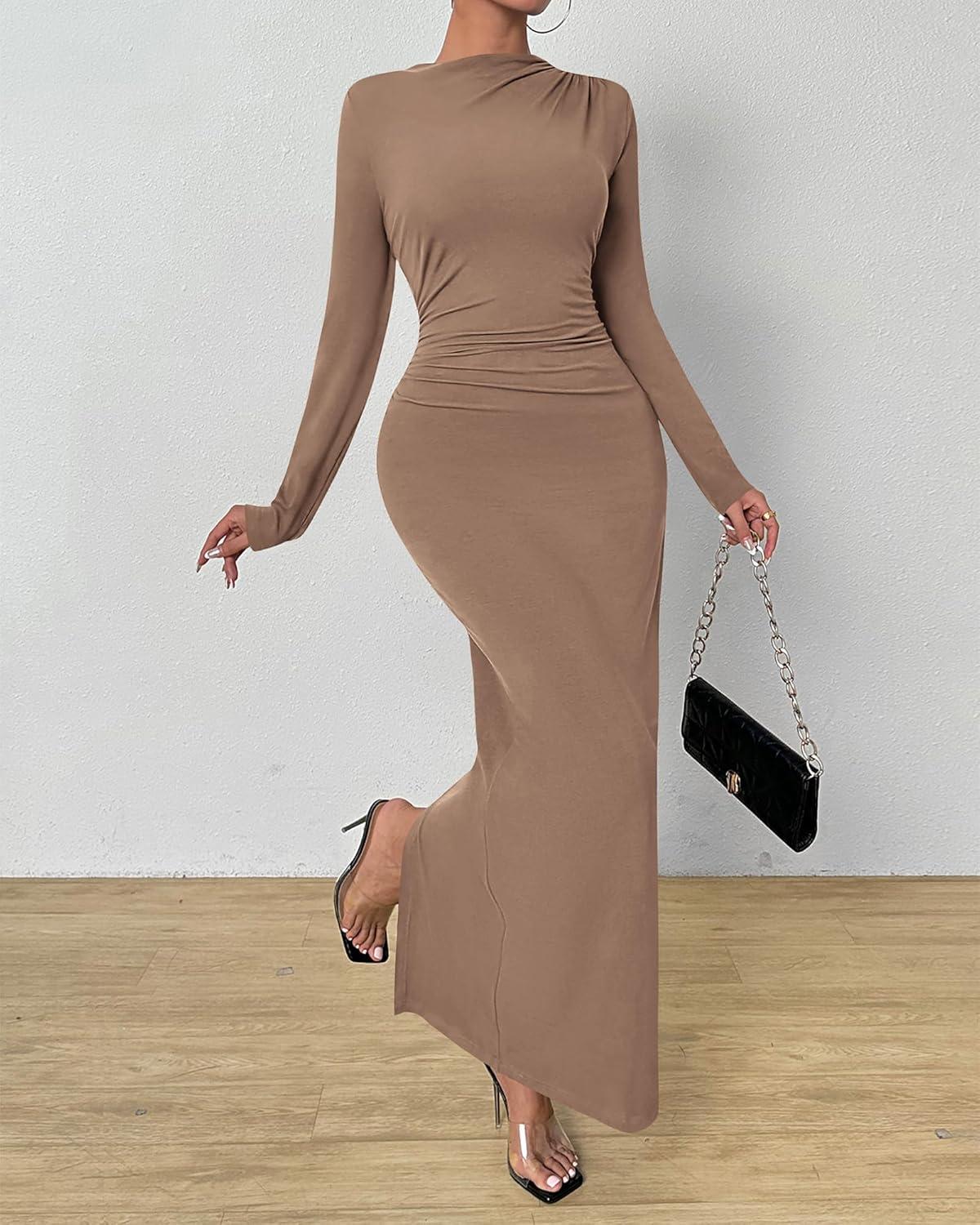 imageBTFBM Women Bodycon Maxi Dress Long Sleeve Back Slit Ruched Elegant Party Cocktail Formal Fall Wedding Guest DressesKhaki