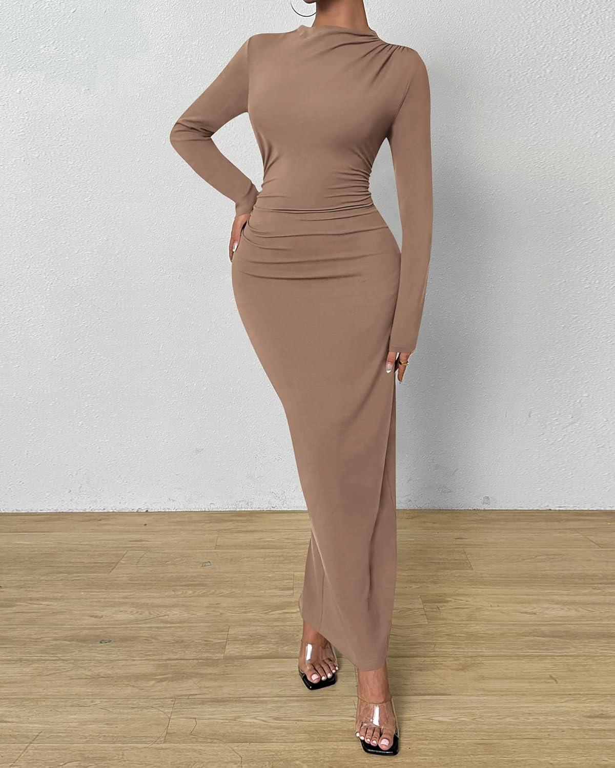 imageBTFBM Women Bodycon Maxi Dress Long Sleeve Back Slit Ruched Elegant Party Cocktail Formal Fall Wedding Guest DressesKhaki