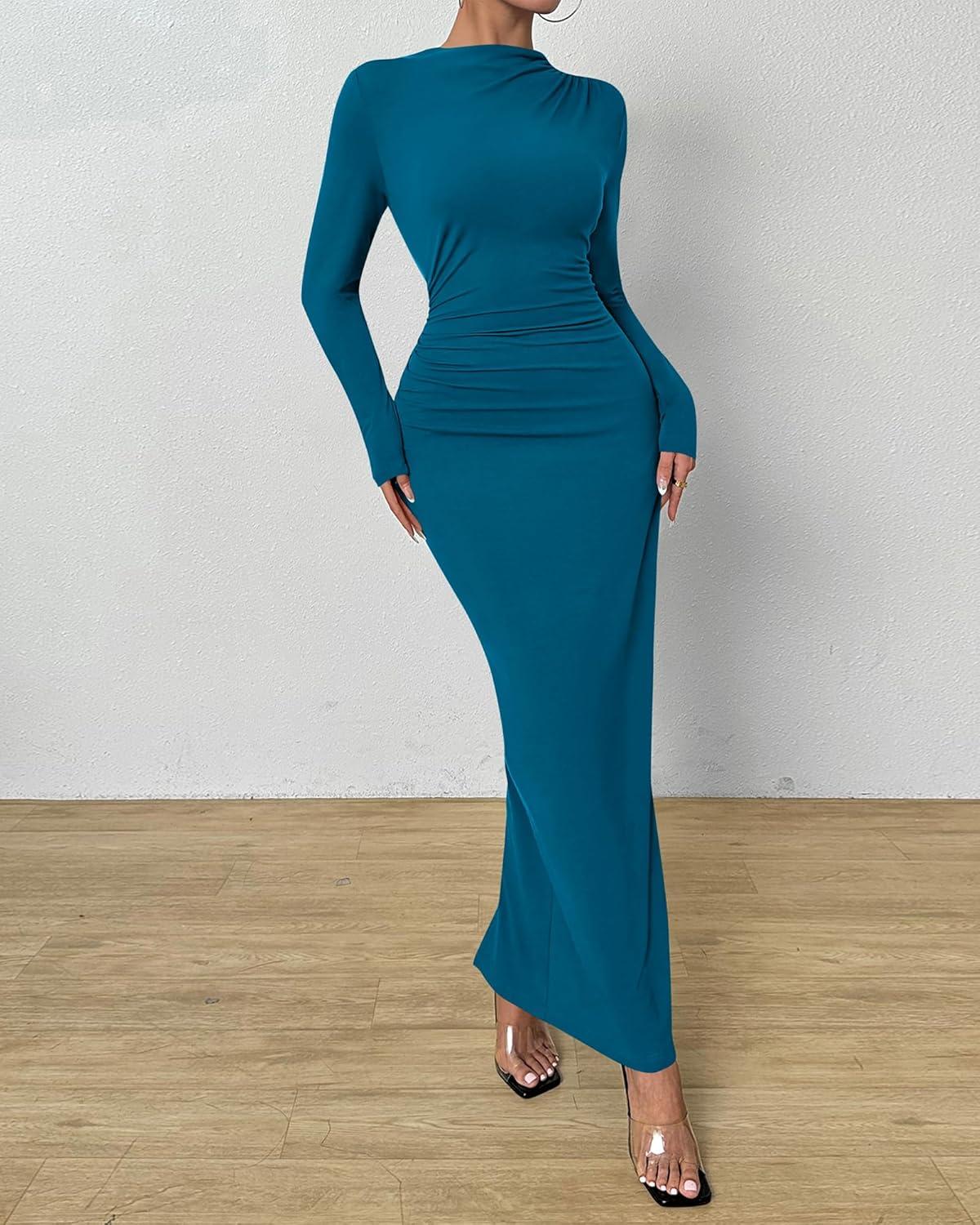 imageBTFBM Women Bodycon Maxi Dress Long Sleeve Back Slit Ruched Elegant Party Cocktail Formal Fall Wedding Guest DressesLake Blue