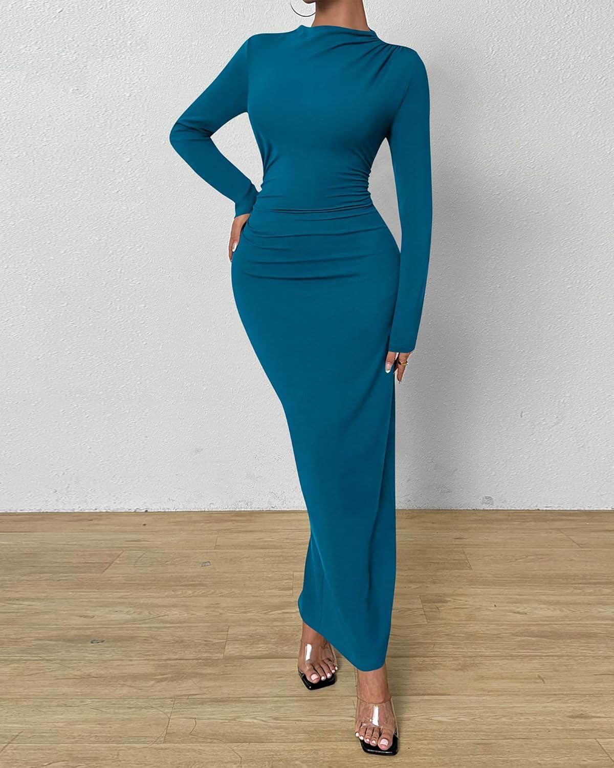 imageBTFBM Women Bodycon Maxi Dress Long Sleeve Back Slit Ruched Elegant Party Cocktail Formal Fall Wedding Guest DressesLake Blue