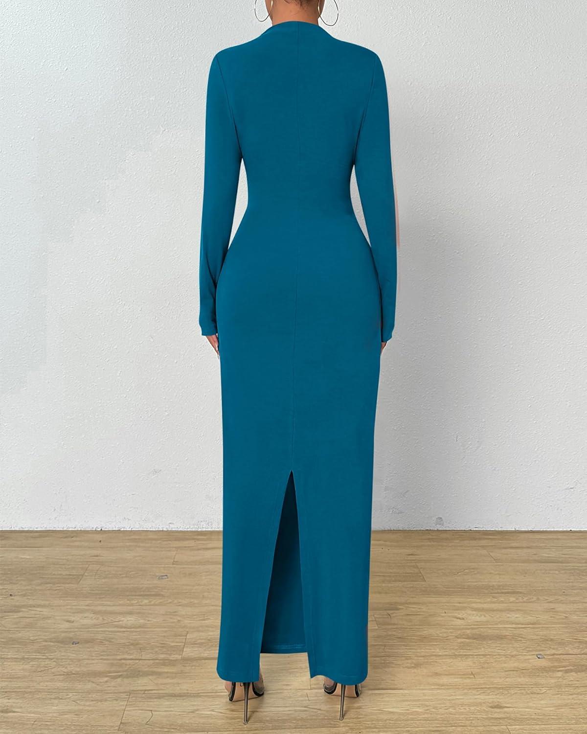 imageBTFBM Women Bodycon Maxi Dress Long Sleeve Back Slit Ruched Elegant Party Cocktail Formal Fall Wedding Guest DressesLake Blue