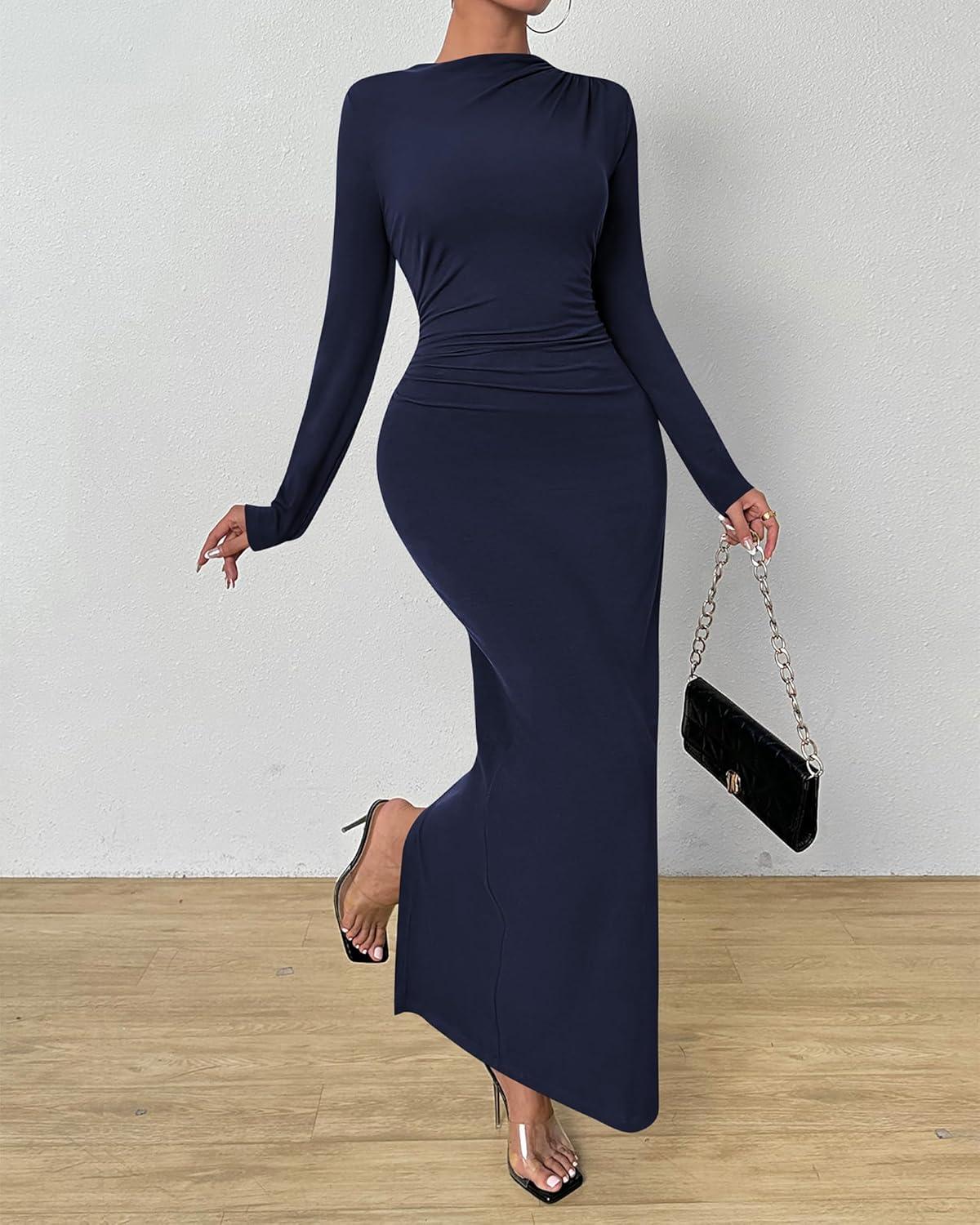 imageBTFBM Women Bodycon Maxi Dress Long Sleeve Back Slit Ruched Elegant Party Cocktail Formal Fall Wedding Guest DressesNavy