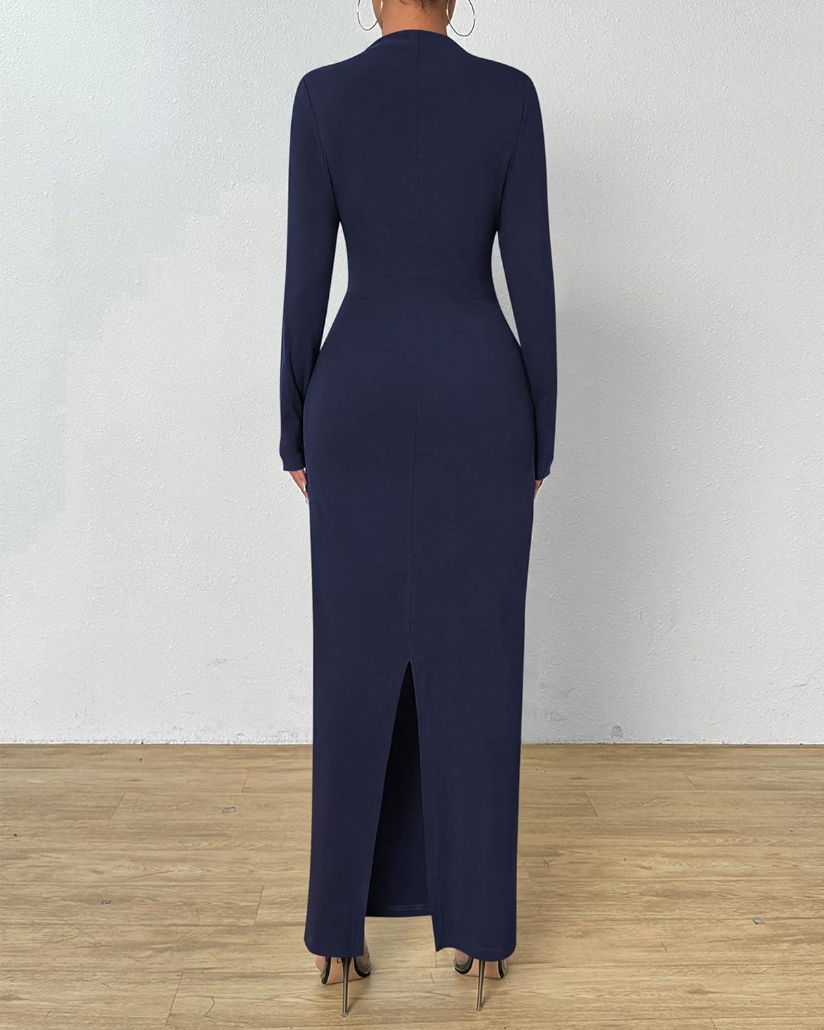 imageBTFBM Women Bodycon Maxi Dress Long Sleeve Back Slit Ruched Elegant Party Cocktail Formal Fall Wedding Guest DressesNavy