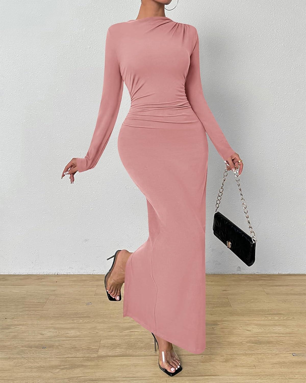 imageBTFBM Women Bodycon Maxi Dress Long Sleeve Back Slit Ruched Elegant Party Cocktail Formal Fall Wedding Guest DressesPink