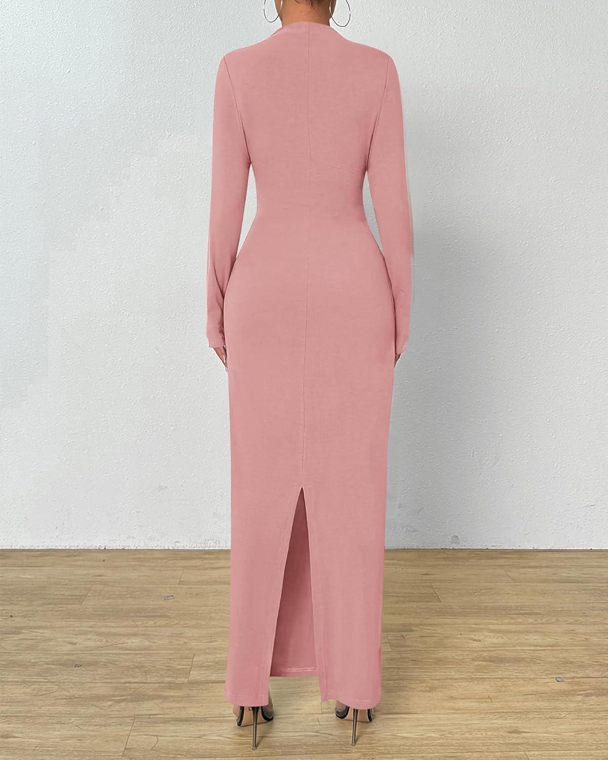 imageBTFBM Women Bodycon Maxi Dress Long Sleeve Back Slit Ruched Elegant Party Cocktail Formal Fall Wedding Guest DressesPink