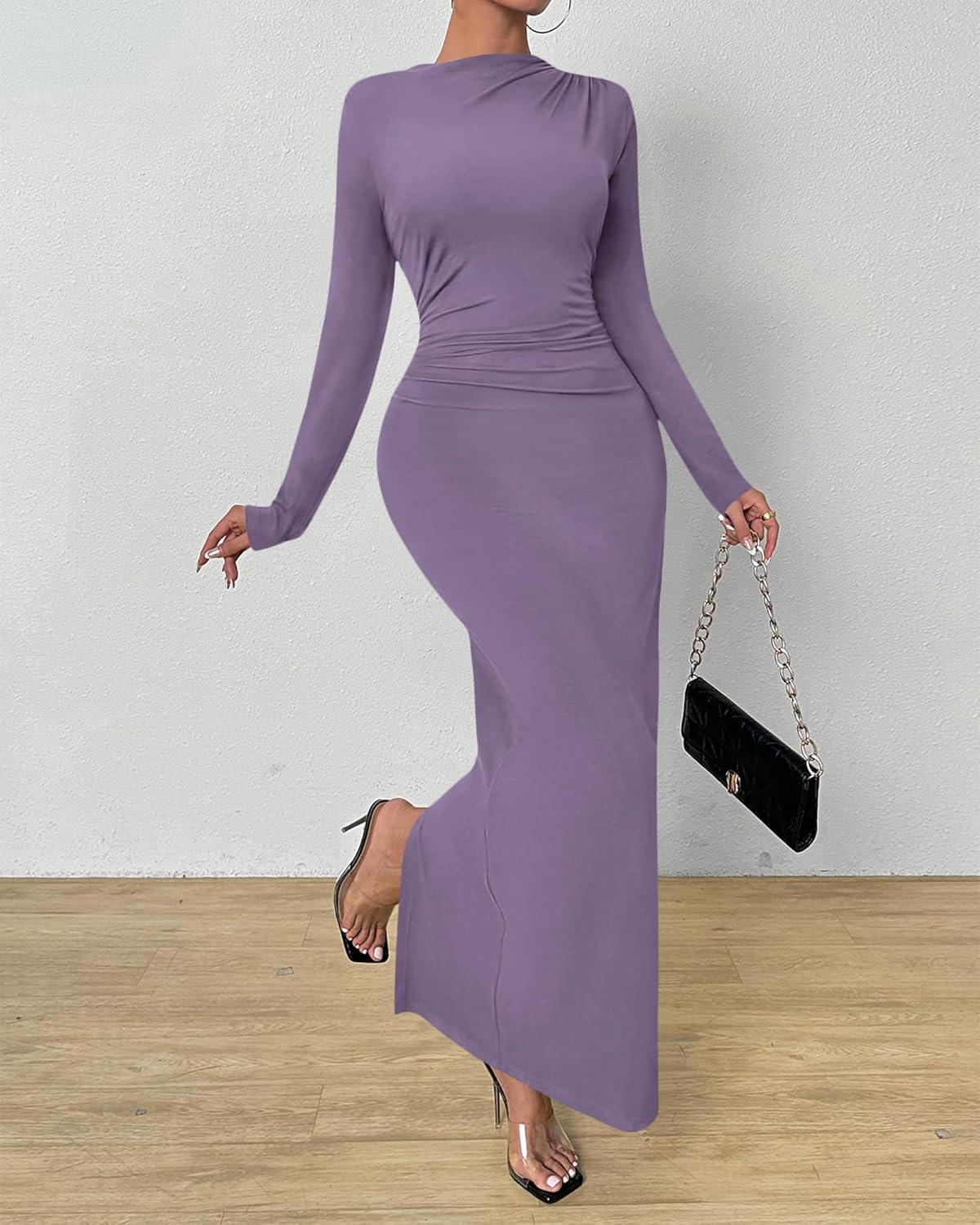 imageBTFBM Women Bodycon Maxi Dress Long Sleeve Back Slit Ruched Elegant Party Cocktail Formal Fall Wedding Guest DressesPurple