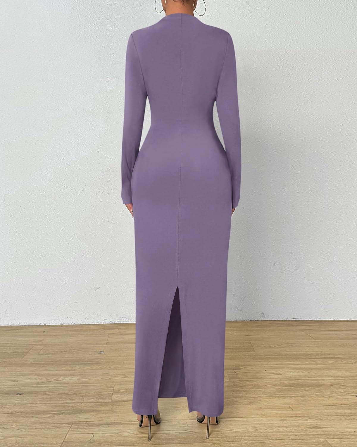 imageBTFBM Women Bodycon Maxi Dress Long Sleeve Back Slit Ruched Elegant Party Cocktail Formal Fall Wedding Guest DressesPurple