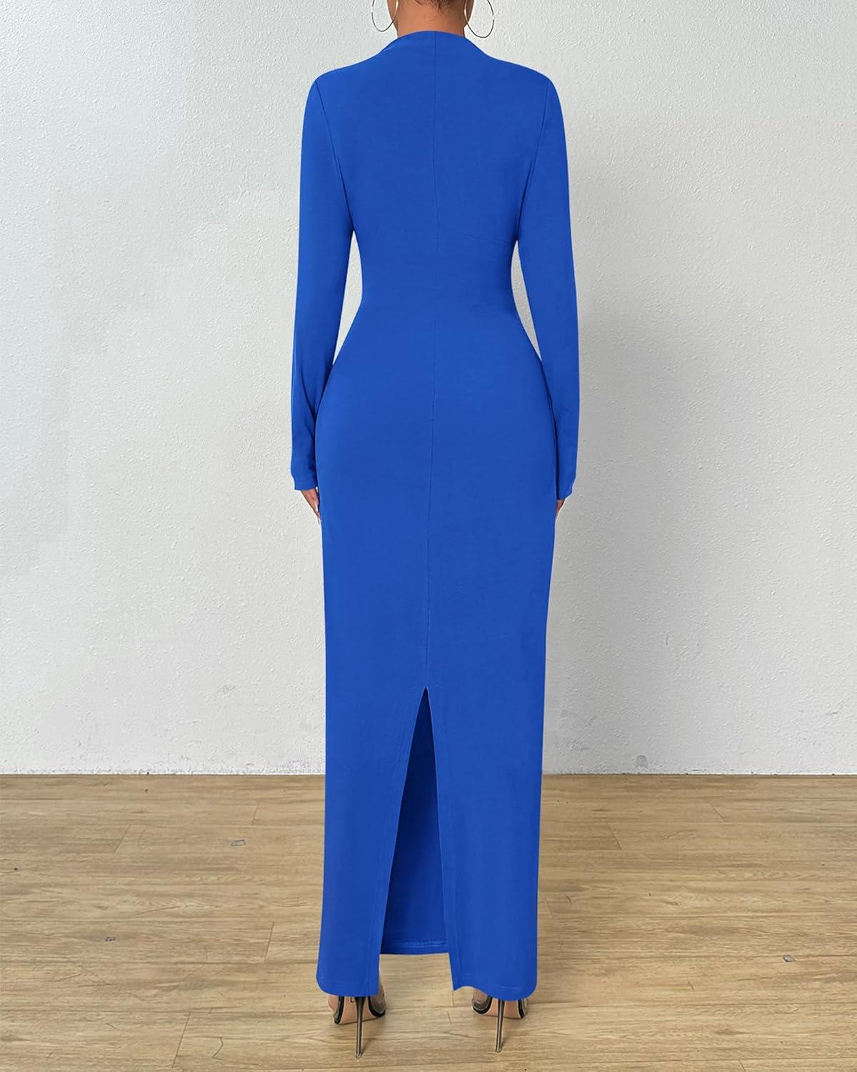 imageBTFBM Women Bodycon Maxi Dress Long Sleeve Back Slit Ruched Elegant Party Cocktail Formal Fall Wedding Guest DressesRoyal Blue