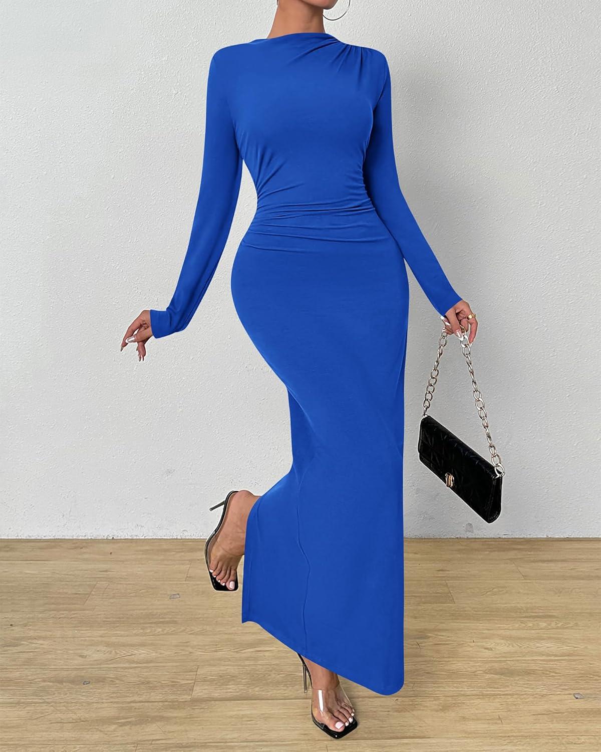 imageBTFBM Women Bodycon Maxi Dress Long Sleeve Back Slit Ruched Elegant Party Cocktail Formal Fall Wedding Guest DressesRoyal Blue