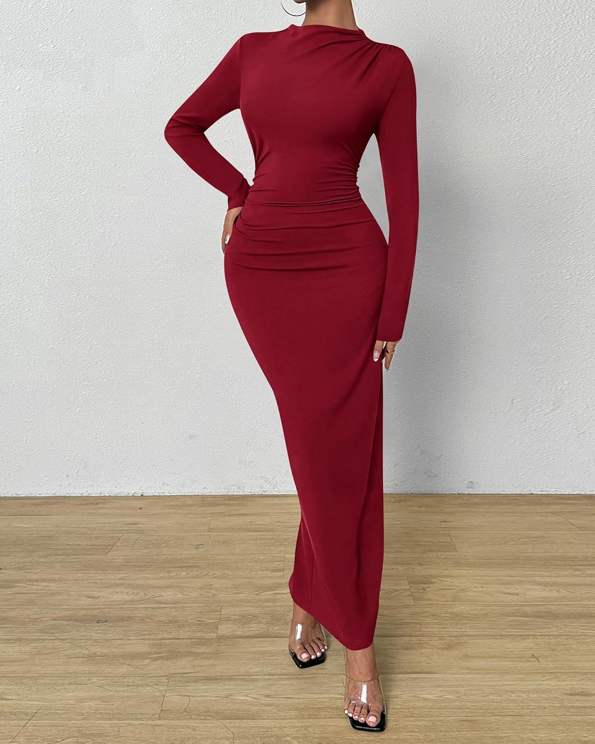 imageBTFBM Women Bodycon Maxi Dress Long Sleeve Back Slit Ruched Elegant Party Cocktail Formal Fall Wedding Guest DressesWine Red