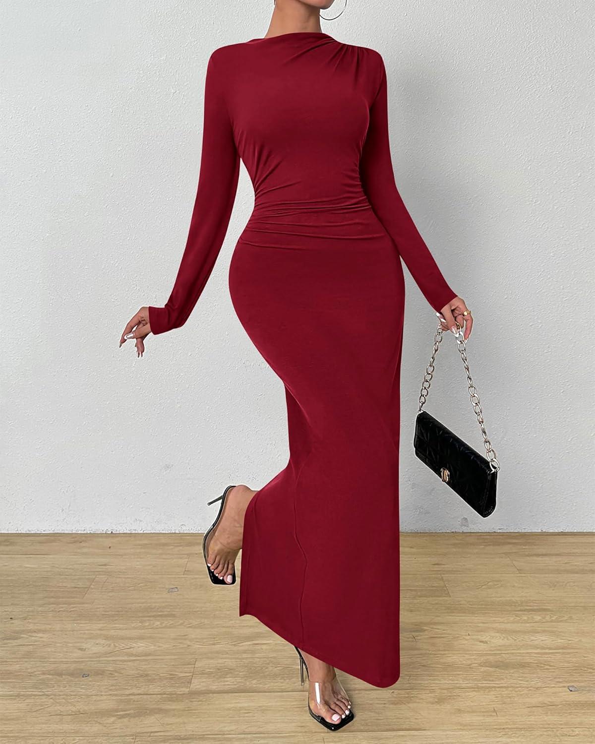 imageBTFBM Women Bodycon Maxi Dress Long Sleeve Back Slit Ruched Elegant Party Cocktail Formal Fall Wedding Guest DressesWine Red