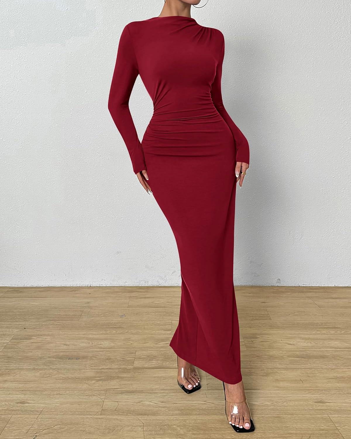 imageBTFBM Women Bodycon Maxi Dress Long Sleeve Back Slit Ruched Elegant Party Cocktail Formal Fall Wedding Guest DressesWine Red