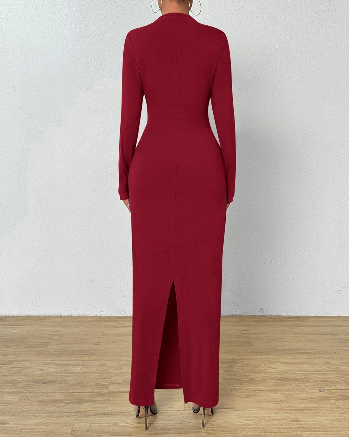 imageBTFBM Women Bodycon Maxi Dress Long Sleeve Back Slit Ruched Elegant Party Cocktail Formal Fall Wedding Guest DressesWine Red