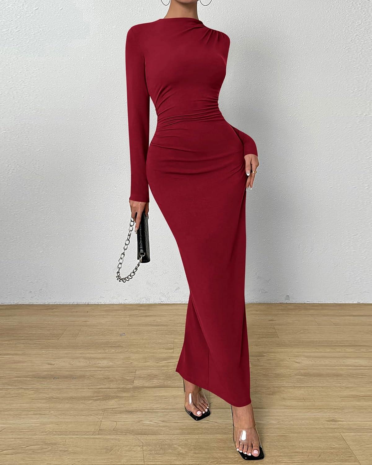 imageBTFBM Women Bodycon Maxi Dress Long Sleeve Back Slit Ruched Elegant Party Cocktail Formal Fall Wedding Guest DressesWine Red