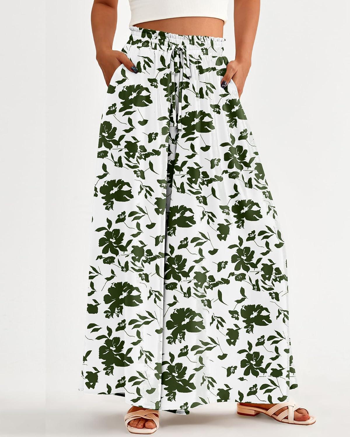 imageBTFBM Women Casual High Waist Wide Leg Pants 2026 Spring Summer Long Palazzo Pants Pocket Lounge Beach Vacation ClothesPrint Army Green