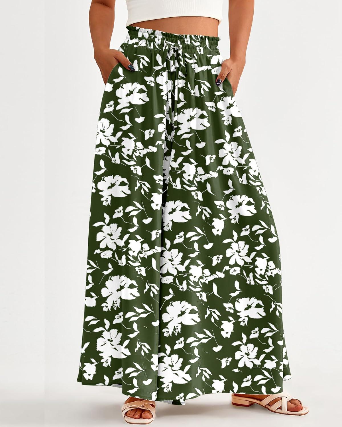 imageBTFBM Women Casual High Waist Wide Leg Pants 2026 Spring Summer Long Palazzo Pants Pocket Lounge Beach Vacation ClothesPrint Army Green White